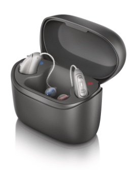 Appareils auditifs contour d'oreille rechargeables dans leur boîtier de charge